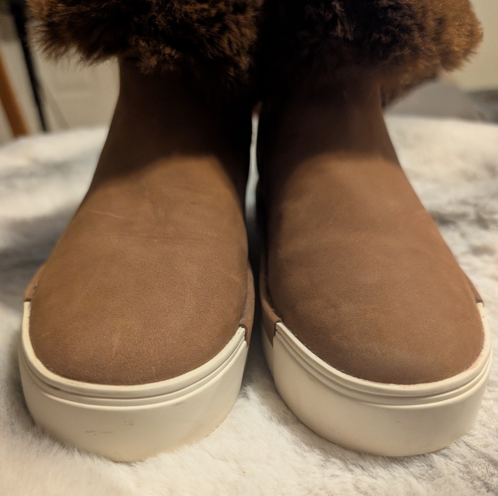 J/SLIDES Brown Faux Fur-Trim Slip-On Platform Boots
